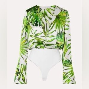 NEW Caroline Constas Intermix *Daria* white leaf print silk bodysuit blouse XS